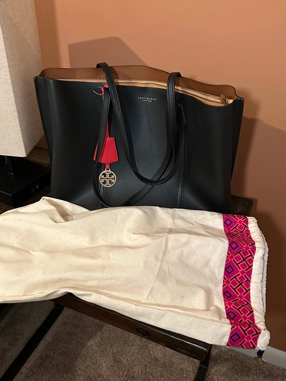TORY BURCH | Perry 3 Compartment Tote Black Tan Interior Red Logo Charm Gold